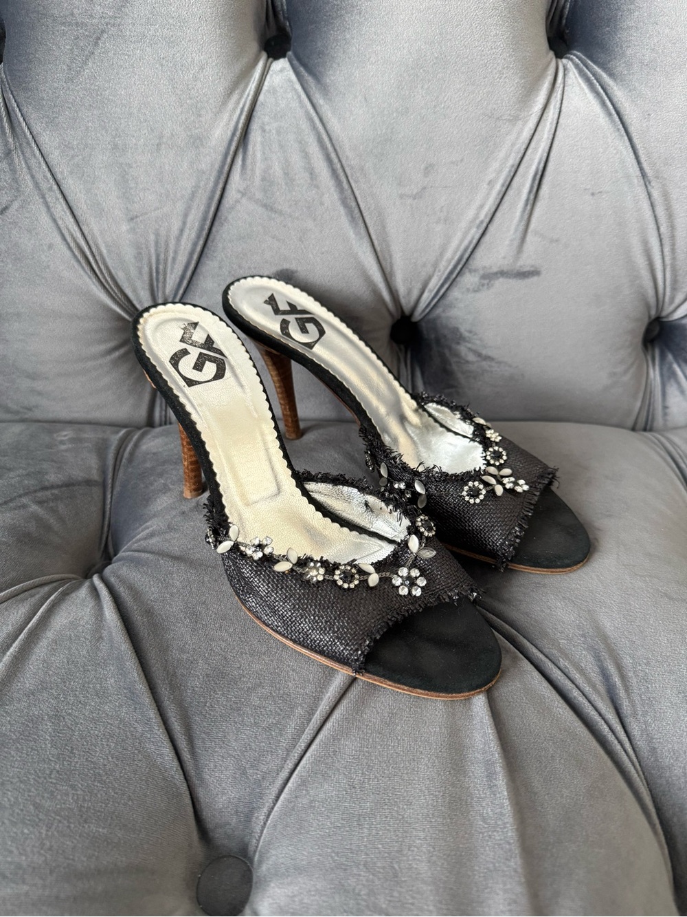 Gianfranco Ferre Black Open-Toe Embellished High Heel Raffia Mules US 7